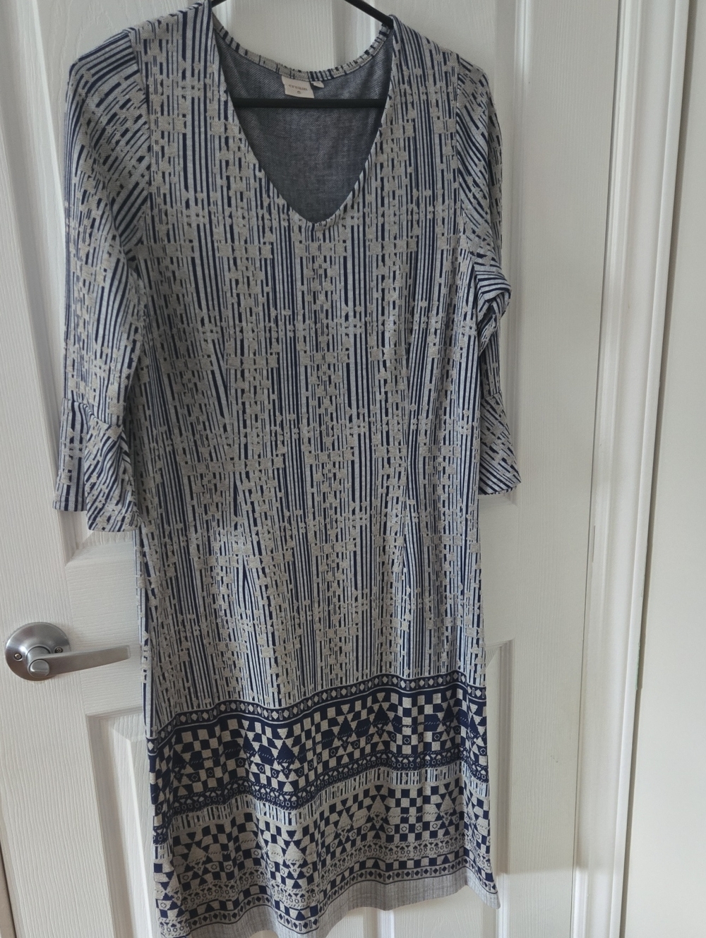 Blue and White V-Neck Midi Dress with Geometric Border